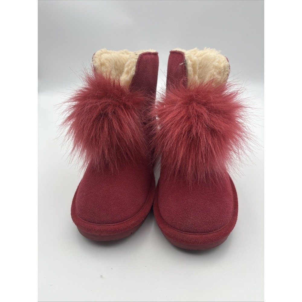 Bearpaw Womens Suede Snow Boots Red Pom Pom Ankle Booties Size 7